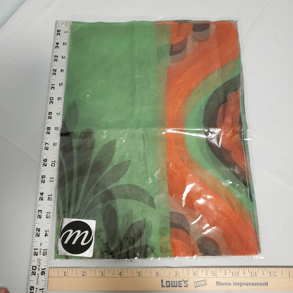 M Paris Silk Scarf Made in France Green Orange Floral Abstract Square Scarf